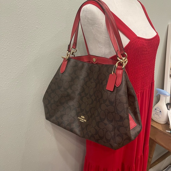 Coach Bags New Coach Hallie Signature Canvas Shoulder Bag With Red